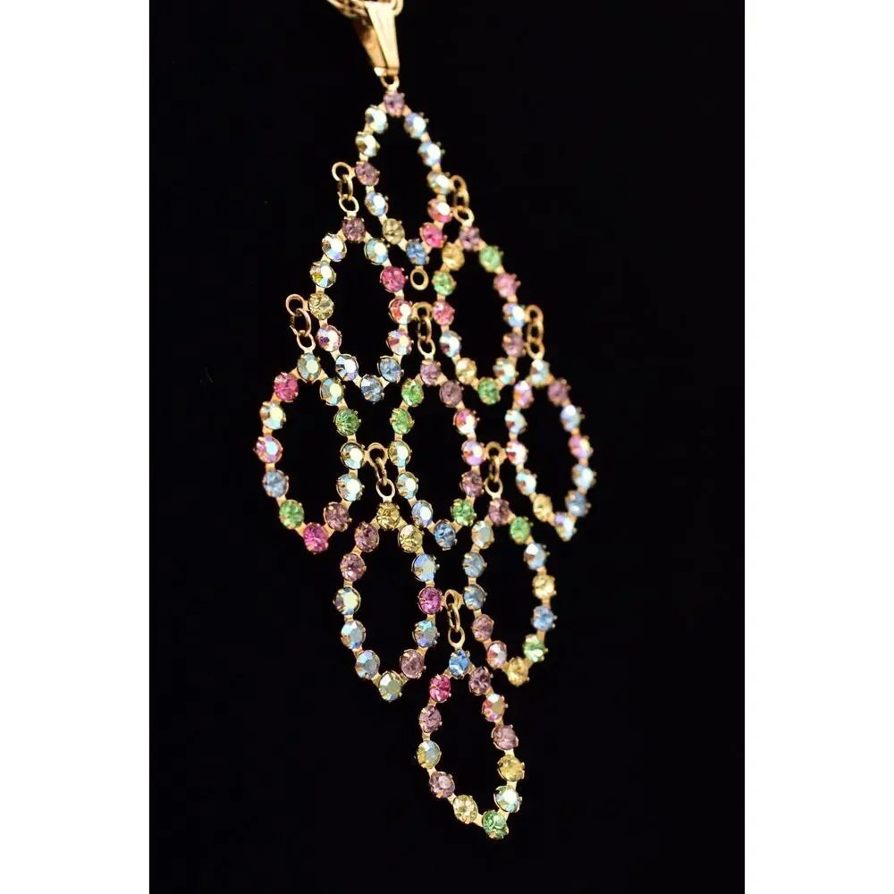 Vintage Crystal Pendant Multi-Color Rhinestone Prong Sparkling Gold 1980s BinBD